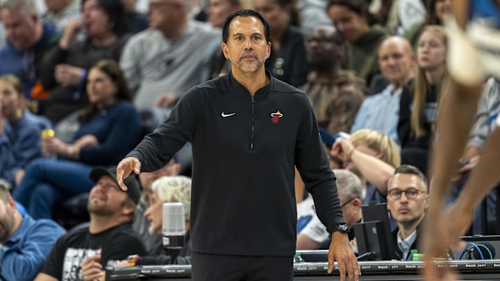 Nov 10, 2024; Minneapolis, Minnesota, USA; Miami Heat head coach Erik Spoelstra looks on against the Minnesota Timberwolves in the second half at Target Center. Mandatory Credit: Jesse Johnson-Imagn Images