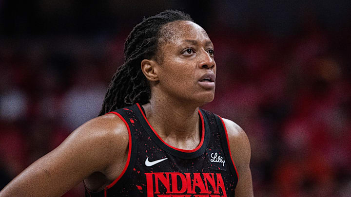 Sep 28, 2025; Indianapolis, Indiana, USA; Indiana Fever guard Kelsey Mitchell (0) in the second half during game four against the Las Vegas Aces of the second round for the 2025 WNBA Playoffs at Gainbridge Fieldhouse. Mandatory Credit: Trevor Ruszkowski-Imagn Images