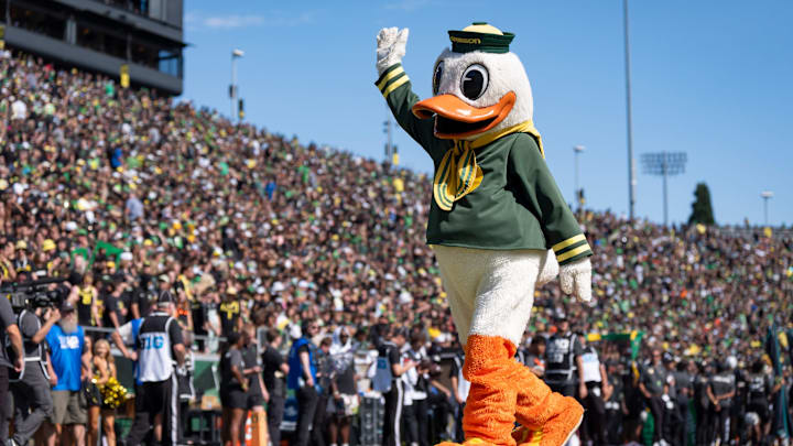 The Duck waves to fans as the Oregon Ducks host the Oregon State Beavers Sept. 20, 2025, at Autzen Stadium in Eugene, Oregon.