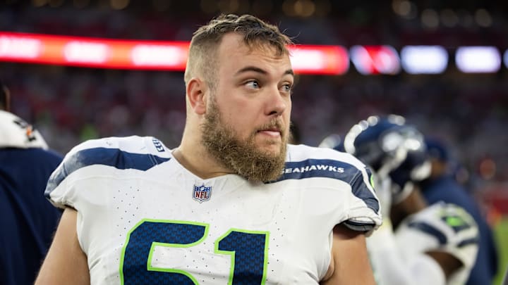 Dec 8, 2024; Glendale, Arizona, USA; Seattle Seahawks offensive tackle Jalen Sundell (61) against the Arizona Cardinals at State Farm Stadium. Mandatory Credit: Mark J. Rebilas-Imagn Images