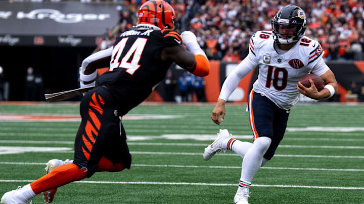 Demetrius Knight Jr. forces quarterback Caleb Williams out of bounds on a scramble in Sunday's 47-42 Bears win. Demetrius Knight Jr. forces quarterback Caleb Williams out of bounds on a scramble in Sunday's 47-42 Bears win.