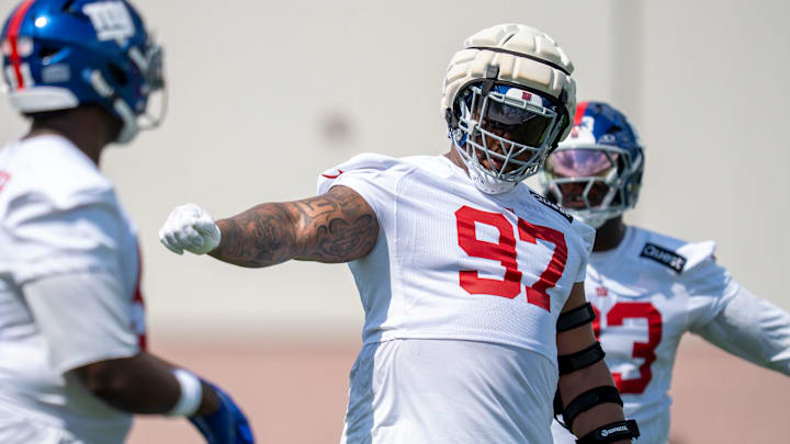 New York Giants defensive tackle Dexter Lawrence II (97) instructs his teammates in a drill during day one of the New York Giants training camp at Quest Diagnostics Giants Training Center in East Rutherford on Wednesday, July 23, 2025.