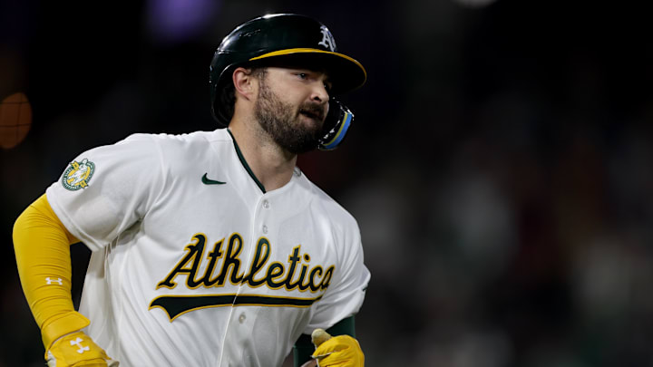 Apr 15, 2026; West Sacramento, California, USA; Athletics catcher Shea Langeliers (23) rounds first base after hitting a two-run home run against the Texas Rangers during the sixth inning at Sutter Health Park. Mandatory Credit: Dennis Lee-Imagn Images