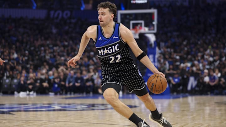 Apr 25, 2026; Orlando, Florida, USA; Orlando Magic forward Franz Wagner (22) controls the ball against the Detroit Pistons in the fourth quarter during game three of the first round of the 2026 NBA Playoffs at Kia Center. Mandatory Credit: Nathan Ray Seebeck-Imagn Images