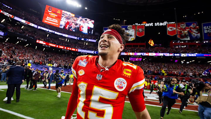 Feb 11, 2024; Paradise, Nevada, USA; Kansas City Chiefs quarterback Patrick Mahomes (15) celebrates