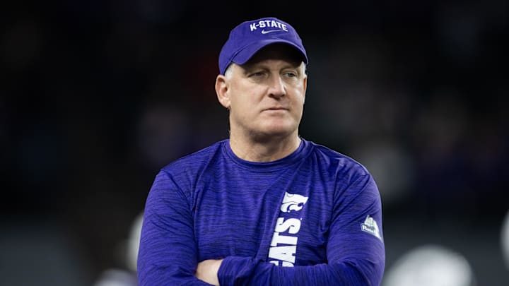 Dec 26, 2024; Phoenix, AZ, USA; Kansas State Wildcats head coach Chris Klieman prior to the game against the Rutgers Scarlet Knights during the Rate Bowl at Chase Field. Mandatory Credit: Mark J. Rebilas-Imagn Images