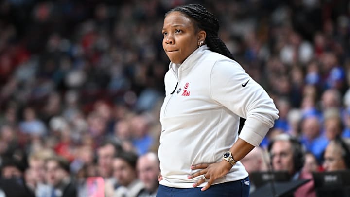 Mar 28, 2025; Spokane, WA, USA; Ole Miss Rebels head coach Yolett McPhee-McCuin looks on against the UCLA Bruins during the second half of a Sweet 16 NCAA Tournament basketball game at Spokane Arena. at Spokane Arena. Mandatory Credit: James Snook-Imagn Images