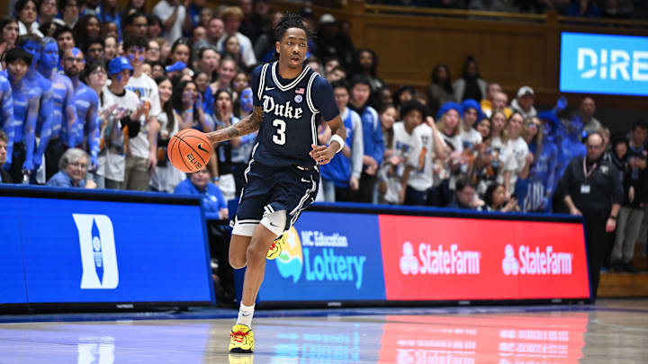 Feb 3, 2026; Durham, North Carolina, USA;  Duke Blue Devils forward Isaiah Evans (3) dribbles up court during the second half against the Boston College Eagles at Cameron Indoor Stadium. 