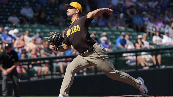 Feb 24, 2026; Mesa, Arizona, USA; San Diego Padres pitcher Marco Gonzales (32) throws against the Chicago Cubs in the first inning at Sloan Park. Mandatory Credit: Rick Scuteri-Imagn Images Feb 24, 2026; Mesa, Arizona, USA; San Diego Padres pitcher Marco Gonzales (32) throws against the Chicago Cubs in the first inning at Sloan Park. Mandatory Credit: Rick Scuteri-Imagn Images