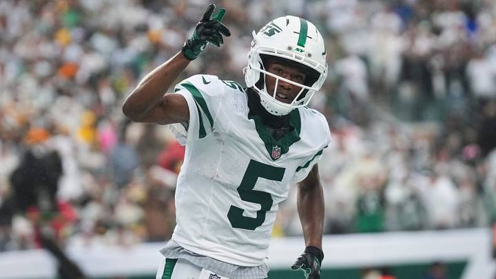New York Jets wide receiver Garrett Wilson (5) celebrates after scoring a touchdown during a game against the Green Bay Packers at MetLife Stadium, Sep 20, 2026, East Rutherford, NJ, USA. New York Jets wide receiver Garrett Wilson (5) celebrates after scoring a touchdown during a game against the Green Bay Packers at MetLife Stadium, Sep 20, 2026, East Rutherford, NJ, USA.