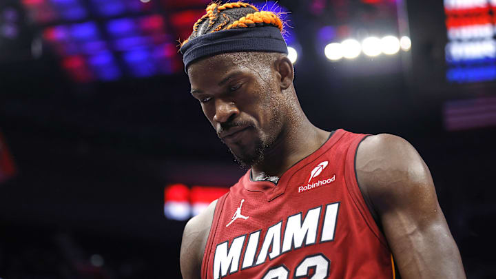 Dec 16, 2024; Detroit, Michigan, USA; Miami Heat forward Jimmy Butler (22) walks off the court after the game against the Detroit Pistons at Little Caesars Arena. Mandatory Credit: Rick Osentoski-Imagn Images Dec 16, 2024; Detroit, Michigan, USA; Miami Heat forward Jimmy Butler (22) walks off the court after the game against the Detroit Pistons at Little Caesars Arena. Mandatory Credit: Rick Osentoski-Imagn Images