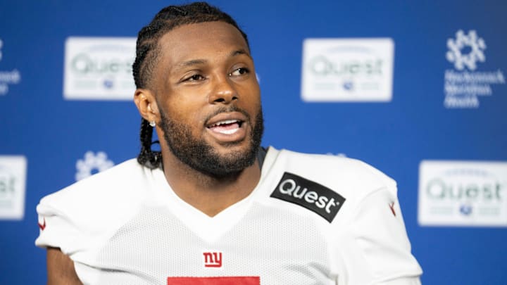 New York Giants linebacker Kayvon Thibodeaux (5) speaks with members of the media after a Mandatory Minicamp at Quest Diagnostics Giants Training Center in East Rutherford on Tuesday, June 17, 2025. New York Giants linebacker Kayvon Thibodeaux (5) speaks with members of the media after a Mandatory Minicamp at Quest Diagnostics Giants Training Center in East Rutherford on Tuesday, June 17, 2025.
