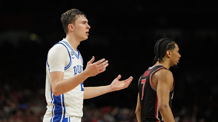 Duke Blue Devils forward Cooper Flagg (2) reacts after a call following a play against the Houston Cougars during the second half in the semifinals of the men's Final Four of the 2025 NCAA Tournament at the Alamodome.