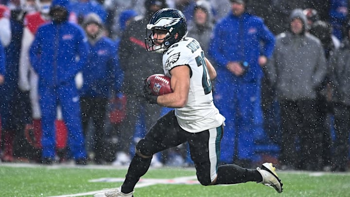 Dec 28, 2025; Orchard Park, New York, USA; Philadelphia Eagles running back Will Shipley (28) returns the opening kickoff against the Buffalo Bills at Highmark Stadium. 