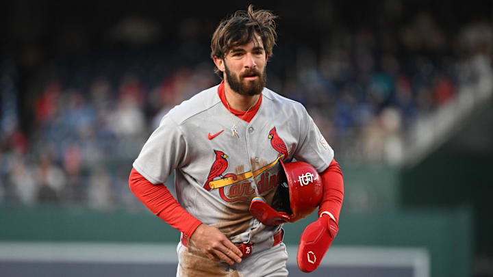 Apr 7, 2026; Washington, District of Columbia, USA; St. Louis Cardinals second baseman Thomas Saggese (25) returns to the dugout after being thrown out at second base during a stolen base attempt against the Washington Nationals during the second inning at Nationals Park. Mandatory Credit: Rafael Suanes-Imagn Images