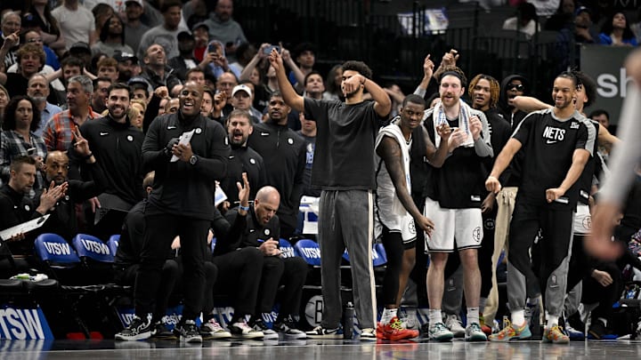 Mar 31, 2025; Dallas, Texas, USA; The Brooklyn Nets team bench celebrate during the second half of the game against the Brooklyn Nets at the American Airlines Center. Mandatory Credit: Jerome Miron-Imagn Images Mar 31, 2025; Dallas, Texas, USA; The Brooklyn Nets team bench celebrate during the second half of the game against the Brooklyn Nets at the American Airlines Center. Mandatory Credit: Jerome Miron-Imagn Images