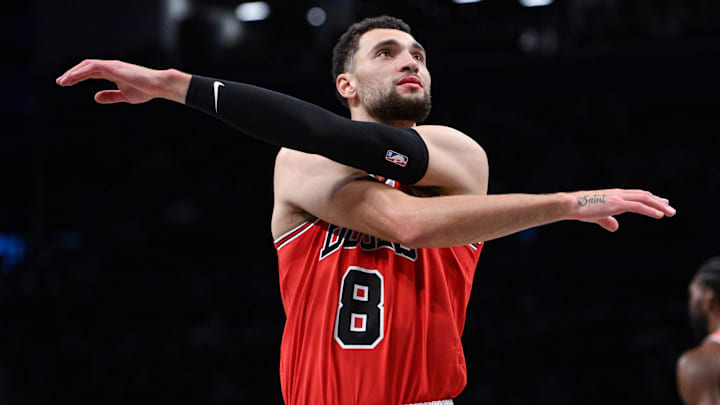 Chicago Bulls guard Zach LaVine (8) looks on during the first quarter against the Brooklyn Nets at Barclays Center. Mandatory Credit: John Jones-Imagn Images