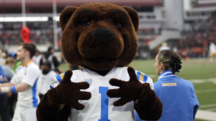 Oct 14, 2023; Corvallis, Oregon, USA; UCLA Bruins mascot Joe Bruin poses during the game during the first half against the Oregon State Beavers at Reser Stadium. Mandatory Credit: Soobum Im-Imagn Images