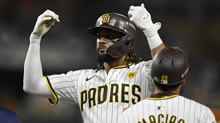 San Diego Padres outfielder Fernando Tatis Jr. reacts after hitting during a Wild Card game against the Atlanta Braves on Wednesday at Petco Park. San Diego Padres outfielder Fernando Tatis Jr. reacts after hitting during a Wild Card game against the Atlanta Braves on Wednesday at Petco Park.
