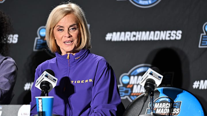Mar 27, 2025; Spokane, WA, USA; LSU Lady Tigers head coach Kim Mulkey talks with media during an NCAA Tournament practice session at Spokane Arena. Mandatory Credit: James Snook-Imagn Images Mar 27, 2025; Spokane, WA, USA; LSU Lady Tigers head coach Kim Mulkey talks with media during an NCAA Tournament practice session at Spokane Arena. Mandatory Credit: James Snook-Imagn Images