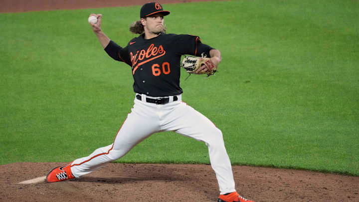 May 7, 2021; Baltimore, Maryland, USA; Baltimore Orioles pitcher Isaac Mattson (60) pitches during the ninth inning against the Boston Red Sox at Oriole Park at Camden Yards.