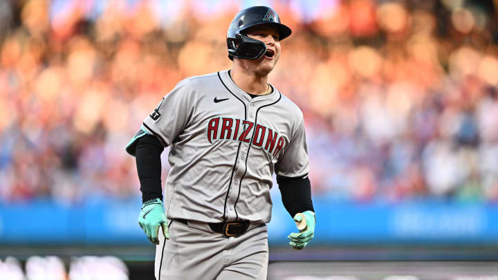 Jun 21, 2024; Philadelphia, Pennsylvania, USA; Arizona Diamondbacks designated hitter Joc Pederson (3) reacts after hitting a home run against the Philadelphia Phillies in the third inning at Citizens Bank Park.