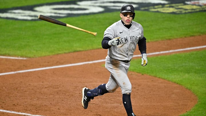 New York Yankees center fielder Harrison Bader flips his bat during the ALDS against the Cleveland Guardians at Progressive Field.