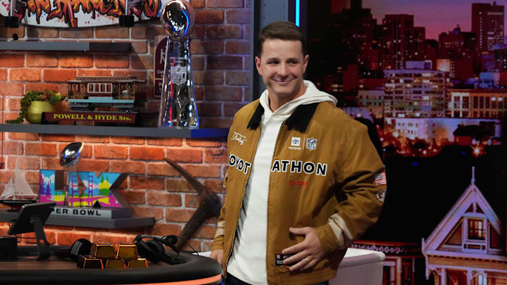 Feb 5, 2026; San Franciso, CA, USA; San Francisco 49ers quarterback Brock Purdy on the Pat McAfee show set at the Super Bowl LX media center at the Moscone Center. Mandatory Credit: Kirby Lee-Imagn Images