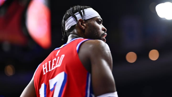 Mar 8, 2024; Philadelphia, Pennsylvania, USA; Philadelphia 76ers guard Buddy Hield (17) looks on against the New Orleans Pelicans in the third quarter at Wells Fargo Center. Mandatory Credit: Kyle Ross-USA TODAY Sports