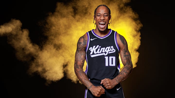Sep 30, 2024; Sacramento, CA, USA; Sacramento Kings forward DeMar DeRozan (10) during media day at Golden 1 Center. Mandatory Credit: Sergio Estrada-Imagn Images