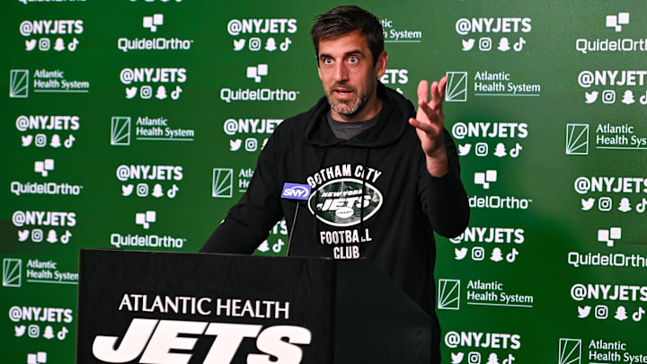 May 23, 2023; Florham Park, NJ, USA; New York Jets quarterback Aaron Rodgers (8) speaks at a press conference after practice at Atlantic Health Jets Training Center. Mandatory Credit: John Jones-USA TODAY Sports