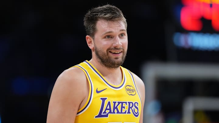 Mar 6, 2026; Los Angeles, California, USA; Los Angeles Lakers guard Luka Doncic (77) reacts against the Indiana Pacers in the second half at Crypto.com Arena. Mandatory Credit: Kirby Lee-Imagn Images
