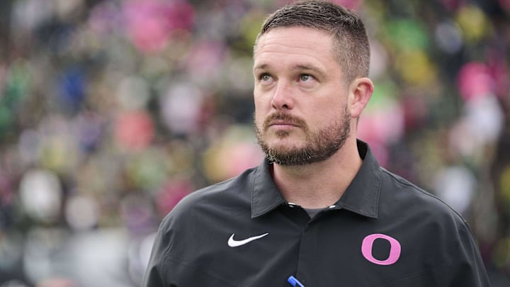 Oct 22, 2022; Eugene, Oregon, USA; Oregon Ducks head coach Dan Lanning watches the clock during the second half against the UCLA Bruins at Autzen Stadium. The Ducks won the game 45-30. 