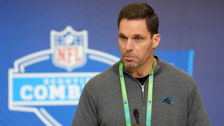 Feb 24, 2026; Indianapolis, IN, USA; Carolina Panthers general manager Dan Morgan speaks at the NFL Scouting Combine at the Indiana Convention Center. Mandatory Credit: Kirby Lee-Imagn Images