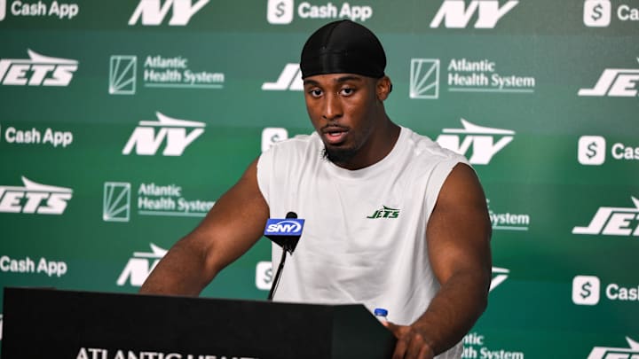 Jun 11, 2025; Florham Park, NY, USA; New York Jets running back Breece Hall (20) speaks at a press conference during minicamp at Atlantic Health Jets Training Center. Mandatory Credit: John Jones-Imagn Images