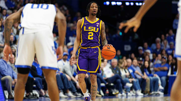 Mar 4, 2025; Lexington, Kentucky, USA; LSU Tigers guard Mike Williams III (2) brings the ball up court during the first half against the Kentucky Wildcats at Rupp Arena at Central Bank Center. Mandatory Credit: Jordan Prather-Imagn Images Mar 4, 2025; Lexington, Kentucky, USA; LSU Tigers guard Mike Williams III (2) brings the ball up court during the first half against the Kentucky Wildcats at Rupp Arena at Central Bank Center. Mandatory Credit: Jordan Prather-Imagn Images