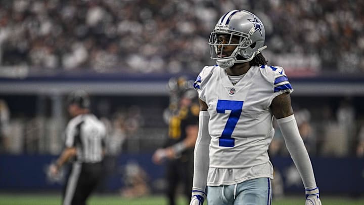 Oct 2, 2022; Arlington, Texas, USA; Dallas Cowboys cornerback Trevon Diggs (7) during the game between the Dallas Cowboys and the Washington Commanders AT&T Stadium. Mandatory Credit: Jerome Miron-Imagn Images
