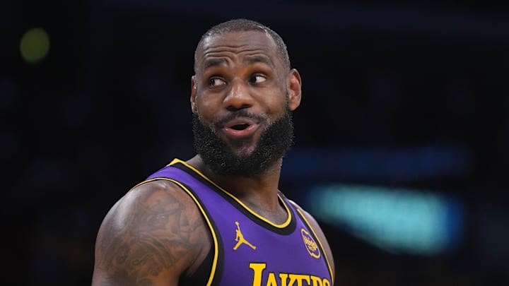 Nov 29, 2024; Los Angeles, California, USA; Los Angeles Lakers forward LeBron James (23) reacts in the first half against the Oklahoma City Thunder at Crypto.com Arena. Mandatory Credit: Kirby Lee-Imagn Images