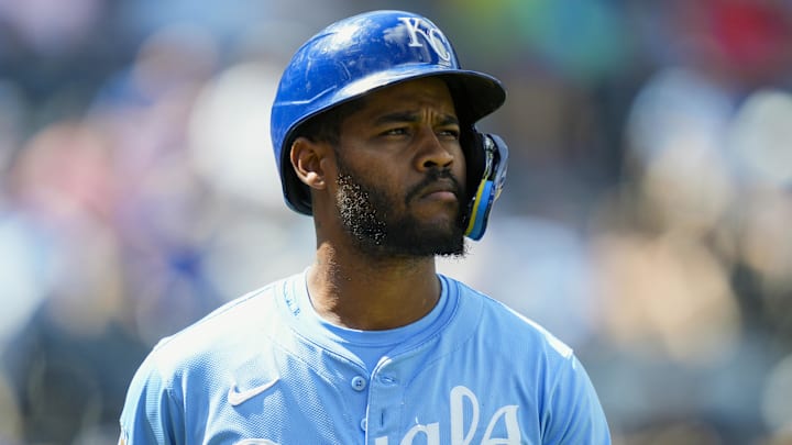 Aug 21, 2025; Kansas City, Missouri, USA; Kansas City Royals third baseman Maikel Garcia (11) reacts during the sixth inning against the Texas Rangers at Kauffman Stadium. Mandatory Credit: Jay Biggerstaff-Imagn Images