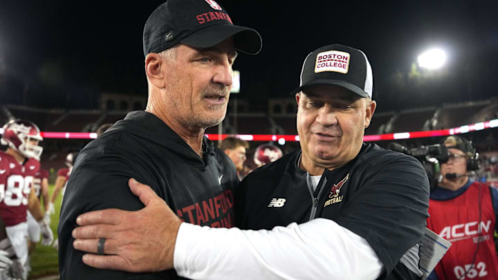 Sep 13, 2025; Stanford, California, USA; Stanford Cardinal head coach Frank Reich (left) and Boston College Eagles head coach Bill O'Brien (right) greet each other after the game at Stanford Stadium. Mandatory Credit: Darren Yamashita-Imagn Images Sep 13, 2025; Stanford, California, USA; Stanford Cardinal head coach Frank Reich (left) and Boston College Eagles head coach Bill O'Brien (right) greet each other after the game at Stanford Stadium. Mandatory Credit: Darren Yamashita-Imagn Images