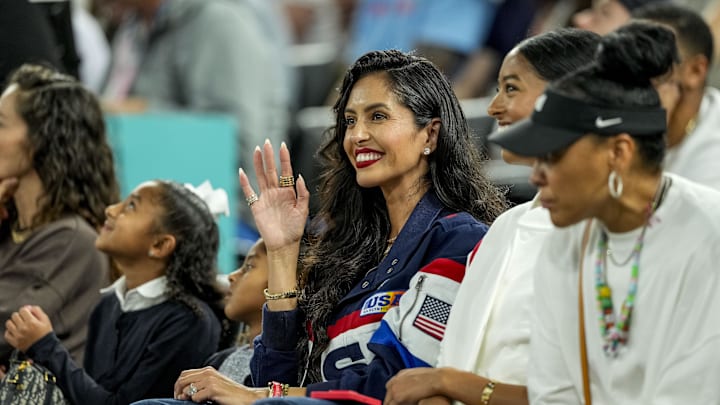 Vanessa Bryant and her family watch a women's basketball semifinal game during the Paris 2024 Olympic Summer Games at Accor Arena.