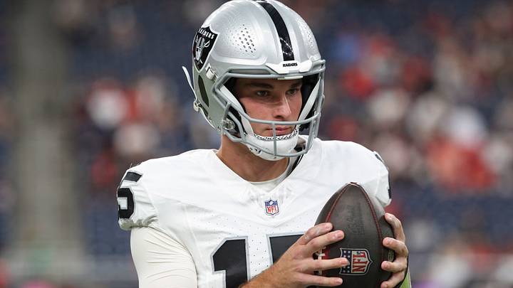 Aug 20, 2026; Houston, Texas, USA;  Las Vegas Raiders quarterback Fernando Mendoza (15) before the game against the Houston Texans at Reliant Stadium. Mandatory Credit: Troy Taormina-Imagn Images
