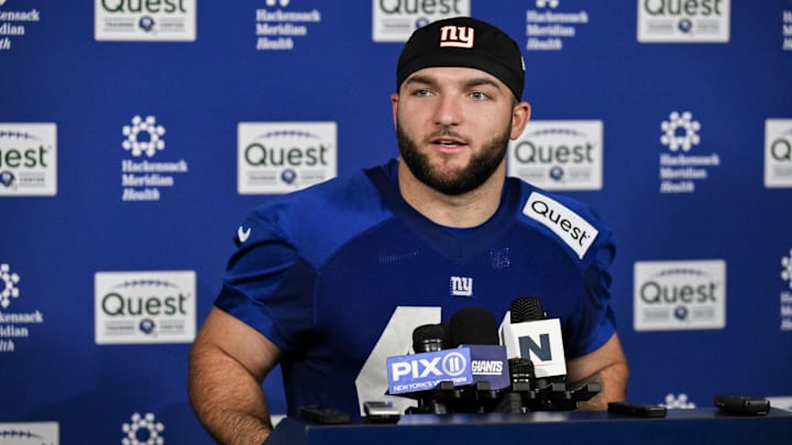 May 9, 2025; East Rutherford, NJ, USA; New York Giants running back Cam Skattebo (44) speaks to members of the press after rookie minicamp at Quest Diagnostics Training Center. Mandatory Credit: John Jones-Imagn Images
