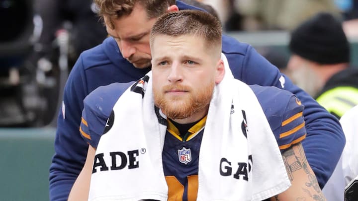 Green Bay Packers tight end Tucker Kraft (85) is carted off the field after suffering a torn ACL against the Carolina Panthers.