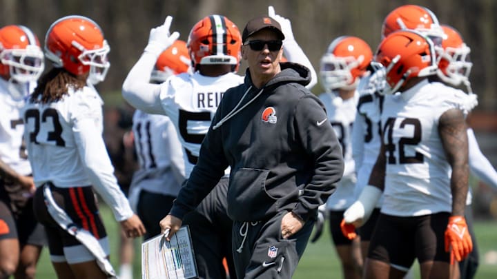 Coach Todd Monken walks through groups of players as they train at the Browns mini camp in Berea on April 21, 2026.