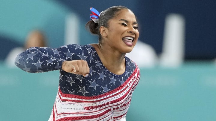 Jul 30, 2024; Paris, France; Jordan Chiles of the United States reacts after competing on the floor exercise during the women’s team final at the Paris 2024 Olympic Summer Games at Bercy Arena. Mandatory Credit: Kyle Terada-USA TODAY Sports