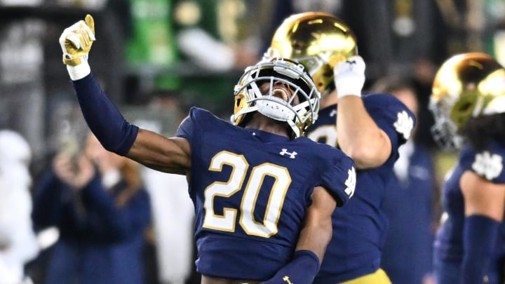 Oct 14, 2023; South Bend, Indiana, USA; Notre Dame Fighting Irish cornerback Benjamin Morrison (20) celebrates after an interception in the second quarter against the USC Trojans at Notre Dame Stadium. Oct 14, 2023; South Bend, Indiana, USA; Notre Dame Fighting Irish cornerback Benjamin Morrison (20) celebrates after an interception in the second quarter against the USC Trojans at Notre Dame Stadium.