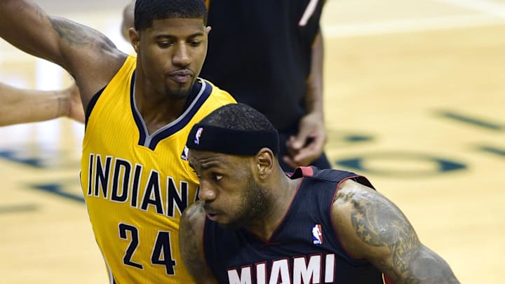 May 20, 2014; Indianapolis, IN, USA; Miami Heat forward LeBron James (6) drives towards the basket against Indiana Pacers forward Paul George (24) during the second half of game two of the Eastern Conference Finals of the 2014 NBA Playoffs at Bankers Life Fieldhouse. The Miami Heat beat the Indiana Pacers 87 to 83. Mandatory Credit: Marc Lebryk-Imagn Images May 20, 2014; Indianapolis, IN, USA; Miami Heat forward LeBron James (6) drives towards the basket against Indiana Pacers forward Paul George (24) during the second half of game two of the Eastern Conference Finals of the 2014 NBA Playoffs at Bankers Life Fieldhouse. The Miami Heat beat the Indiana Pacers 87 to 83. Mandatory Credit: Marc Lebryk-Imagn Images