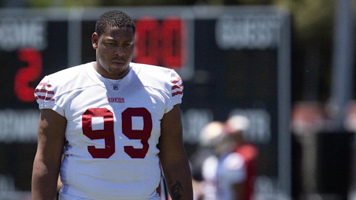 May 9, 2025; Santa Clara, CA, USA; San Francisco 49ers second-round draft pick Alfred Collins (99) watches his teammates work out during the teamís rookie minicamp. Mandatory Credit: D. Ross Cameron-Imagn Images