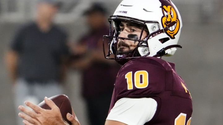 Arizona State Sun Devils quarterback Drew Pyne (10) warms-up before playing the Fresno State Bulldogs at Mountain America Stadium in Tempe on Sept. 16, 2023.